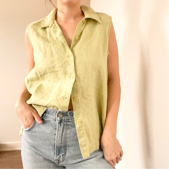 Vintage Tops - Vintage Jones New York Green Linen Button Tank